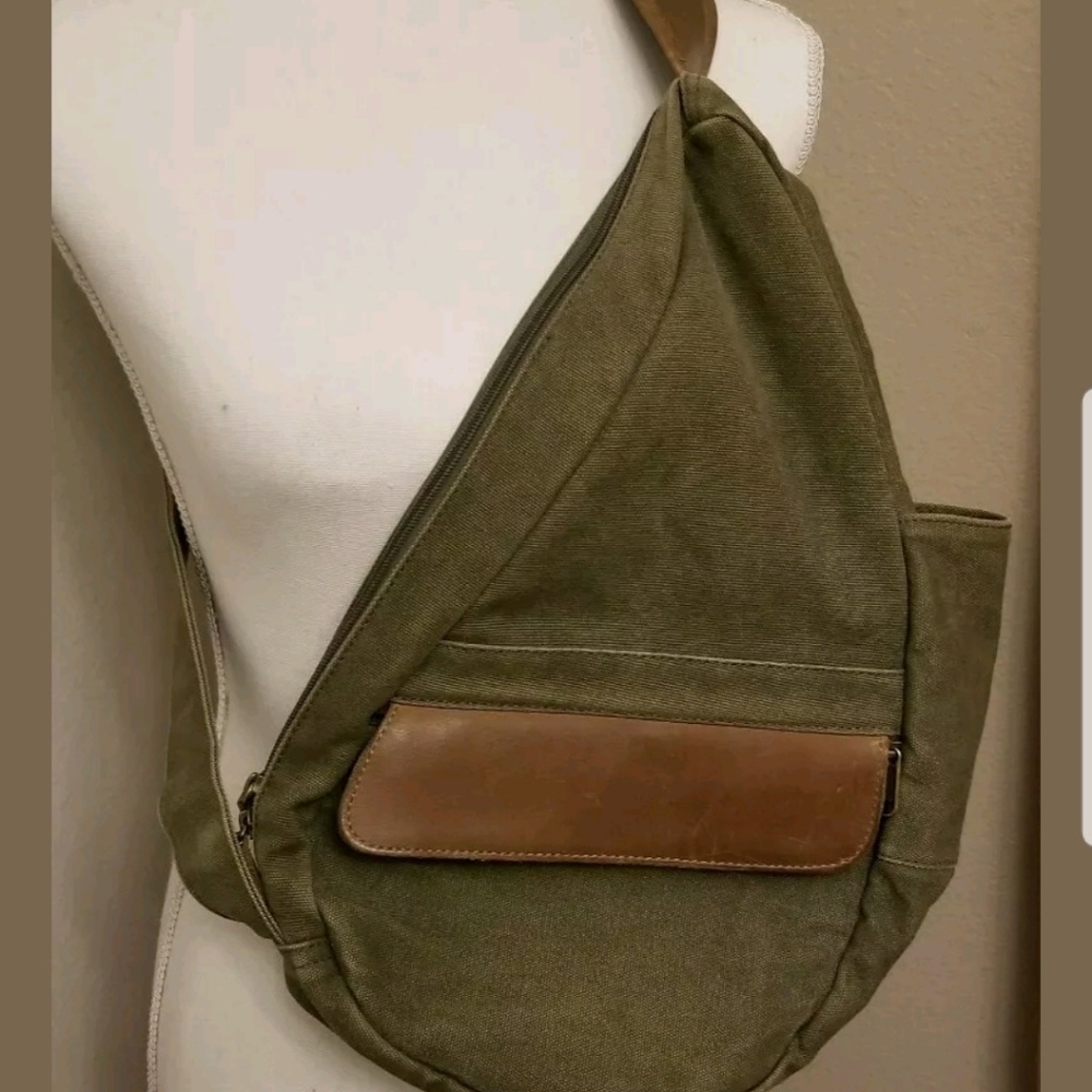 L.L. Bean Green Canvas Sling Bag with Leather